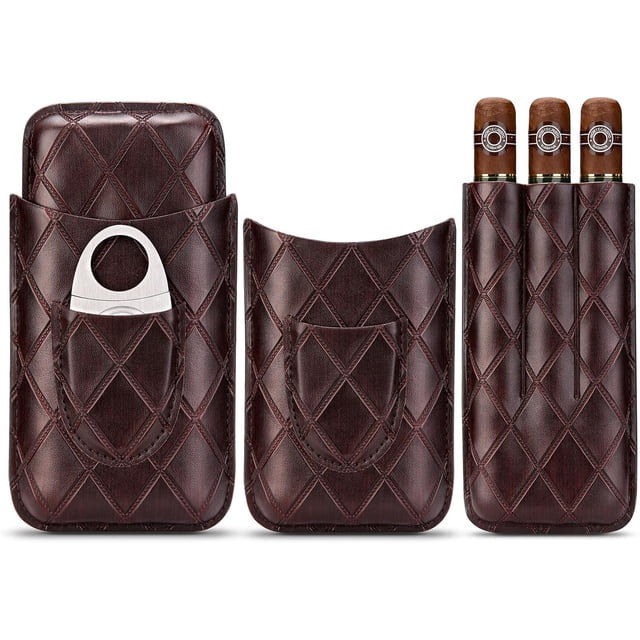 CIGARLOONG Leather Cigar Case,Hold 3 Count Portable Holder,Travel Humidor with Cigar Cutter(Dark Brown)
