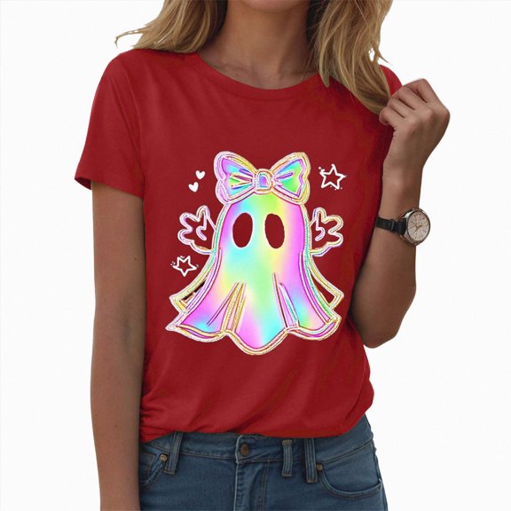 TOWED22 Halloween Shirt for Women Crew Neck Shirt Cute Bow Ghost Graphic Short Sleeve Casual Fall Clothes Tops(Red,S)