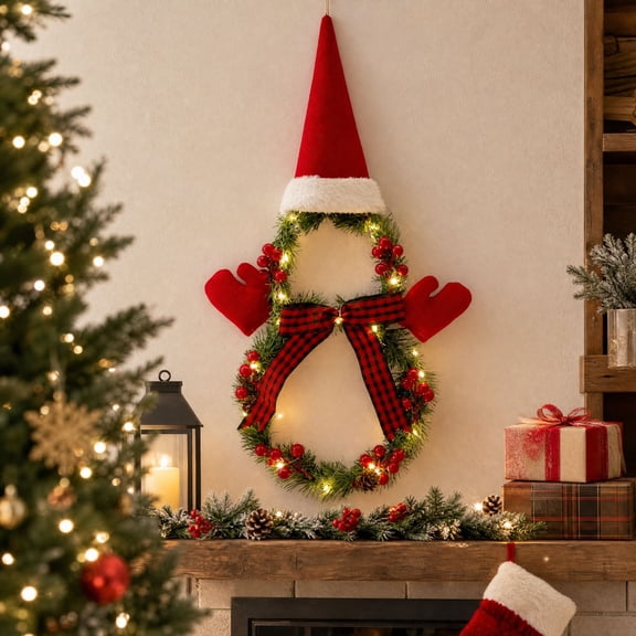 Ywbawe 21in Christmas Wreath with Lights Snowman Shaped Wicker Ring Christmas Tree Ornament for Home Door Hanging