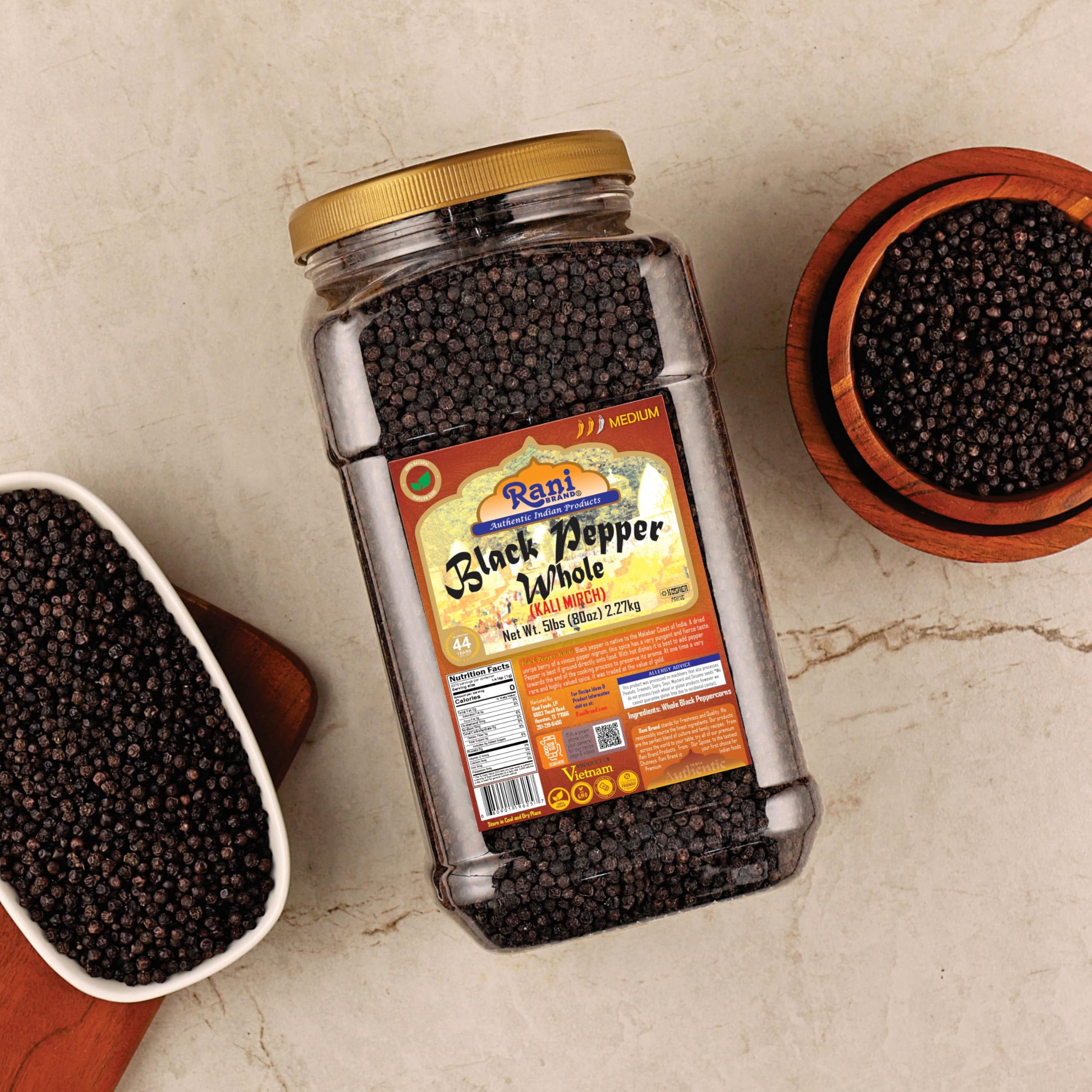 Rani Black Pepper Whole (Peppercorns), Premium MG-1 Grade 80oz (5lbs) 2.27kg Bulk PET Jar ~ All Natural | Gluten Friendly | Non-GMO | Kosher | Perfect size for Grinders!