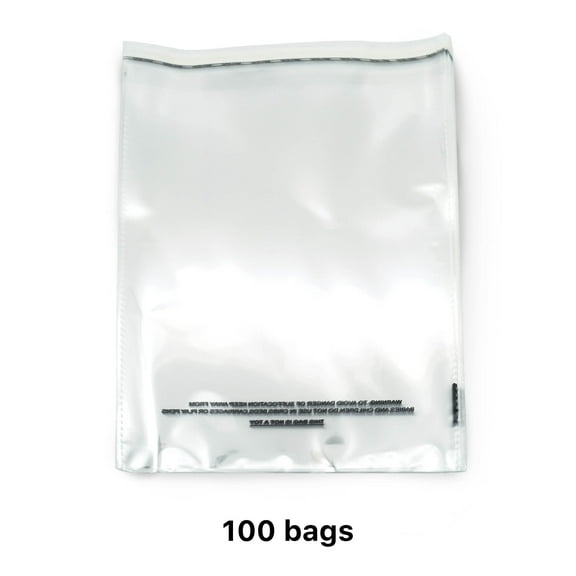 9" x 12" Clear Self Seal OPP Cellophane Bag Sealing Cello Pouch - For Goodie Bags, Treats, Gifts, Party Favors, Bakery Goods - (1.5 Mil) Suffocation Warning Resealable Reclosable Bags - 100 Bags