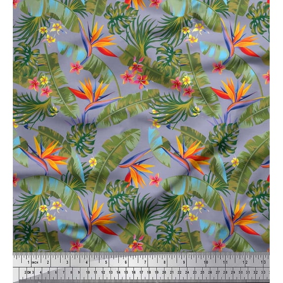 Soimoi Polyester Crepe Fabric Tropical Leaves,Plumeria & Heliconia Floral Decor Fabric Printed Yard 42 Inch Wide