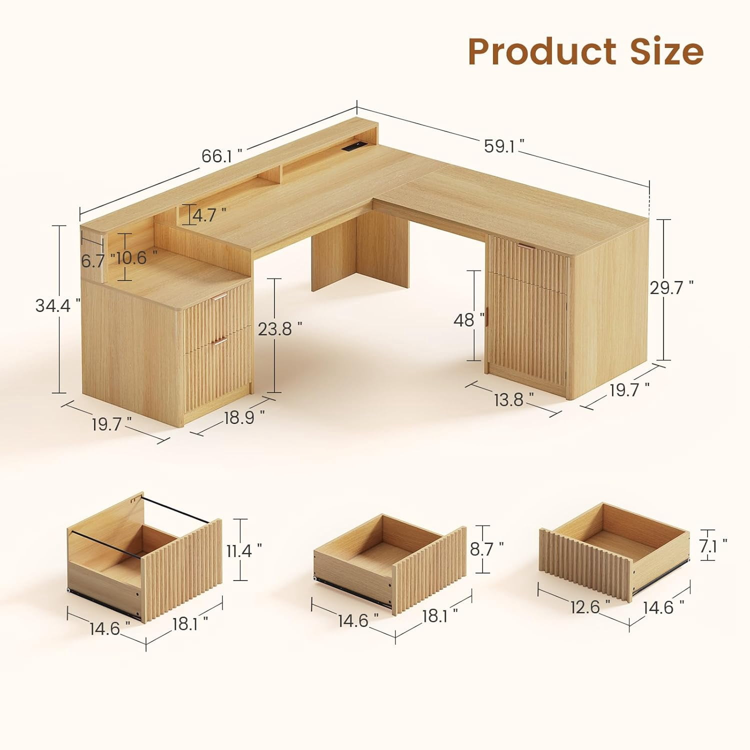 66" Fluted Home Office Desk with Storage, L Shaped Desk with Power Outlets & Monitor Stand, Wood Computer Desk with Drawers & Cabinet, Corner Desk with LED Lights for Bedroom, Natural