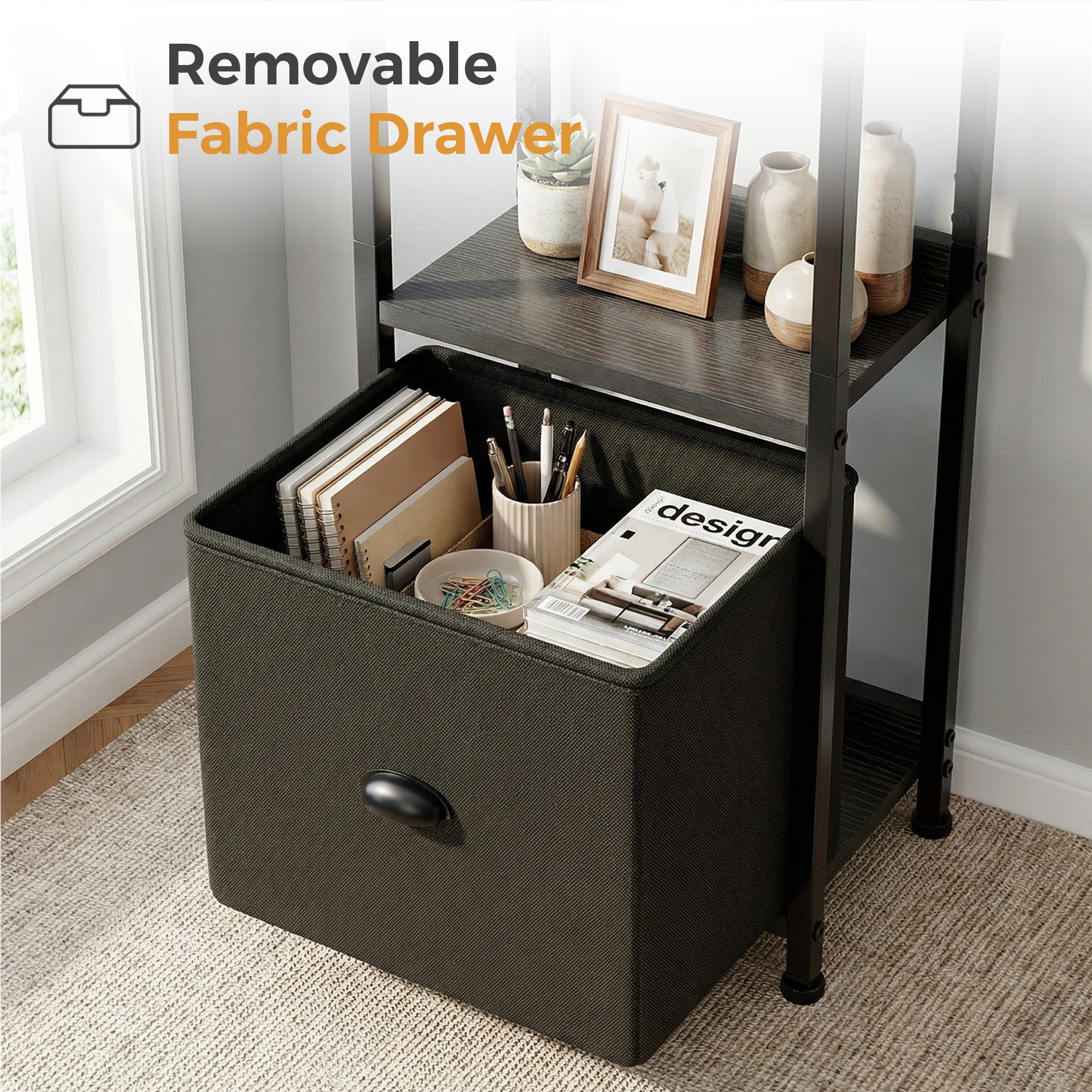 EDX 4 Tier Bookshelf with Drawer, 43''Tall Narrow Bookcase with Shelves, Industrial Display Standing Shelf Unit for Bedroom, Living Room, Black