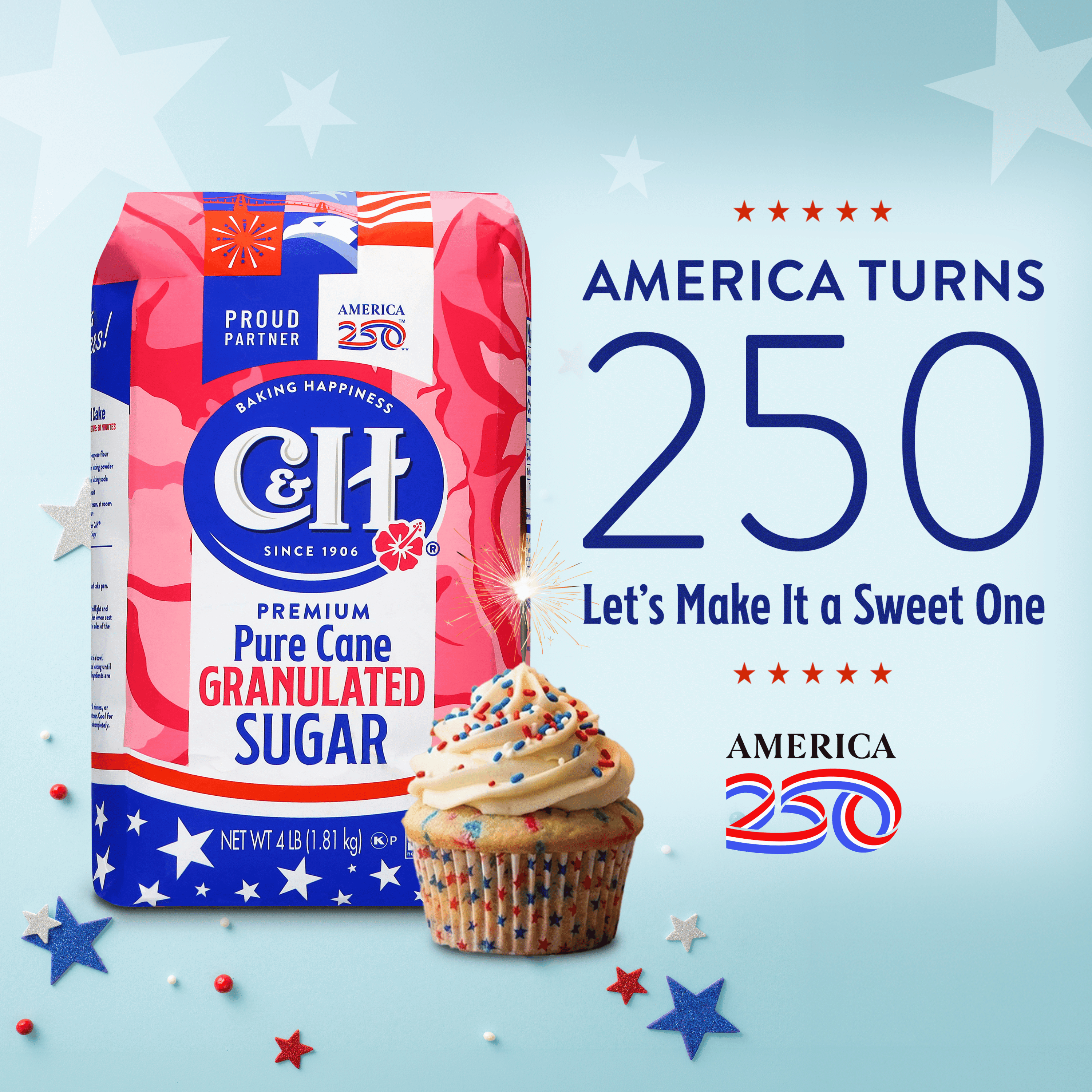 (5 pack) C&H Pure Cane Sugar, 4 lb Bag, Summer Baking, July 4th Desserts, Limited Edition