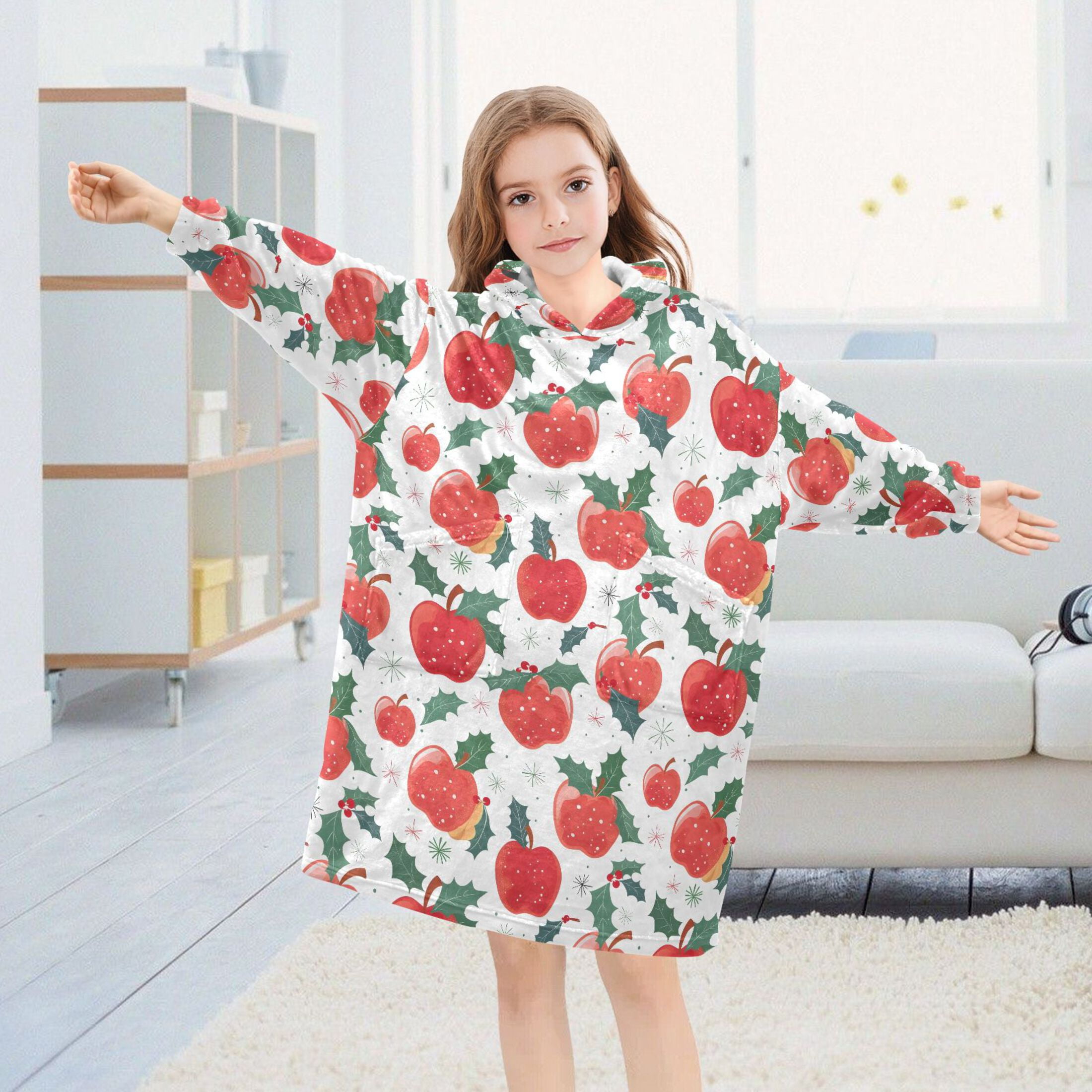 Wearable Blanket Hoodie for Kids Apple Snow Flannel Hooded Blanket with Pockets and Sleeves Suitable for Boys and Girls