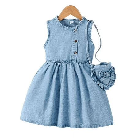 

Mikrdoo 3-4 Years Toddler Baby Girls Dress Full Cotton Sleeveless Summer Dress One Piece Jean Eneving Dress Blue
