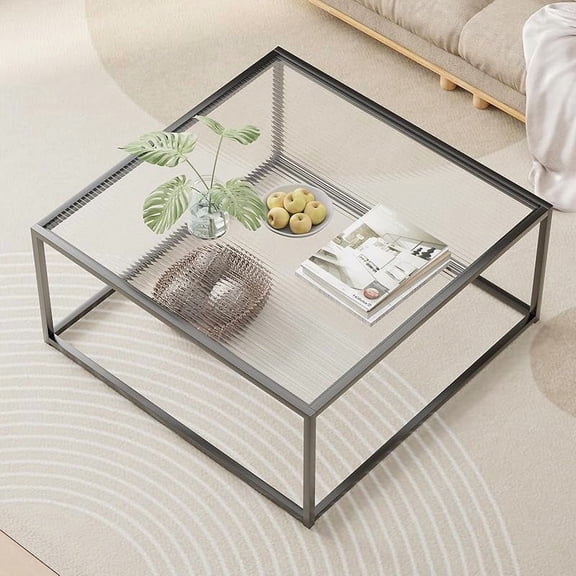 Glass Coffee Table Modern Center Table,Minimalist Coffee Table Sofa Side Tea Table for Living Room,Tempered Glass-top with Sturdy Metal Frame, Easy Assembly,26.4 x 26.4 x 15.7 Inches, Black