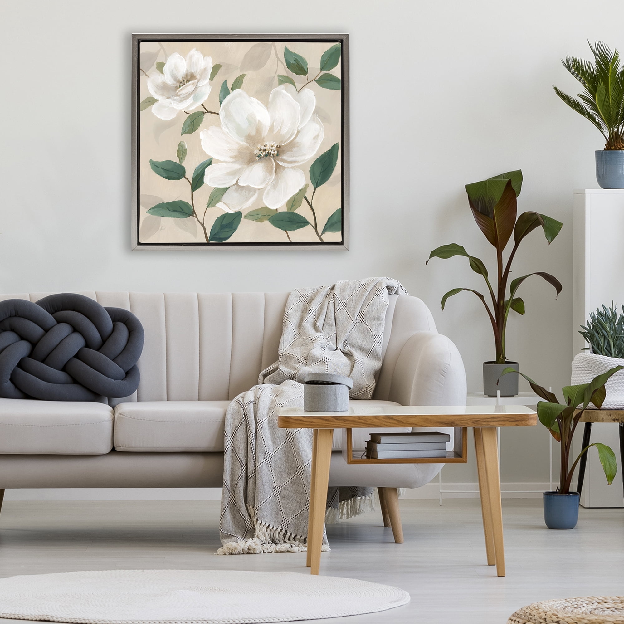 Stupell Industries Serene White Blossom with Leaves Gray Framed Floater Canvas Wall Art, design by Nan