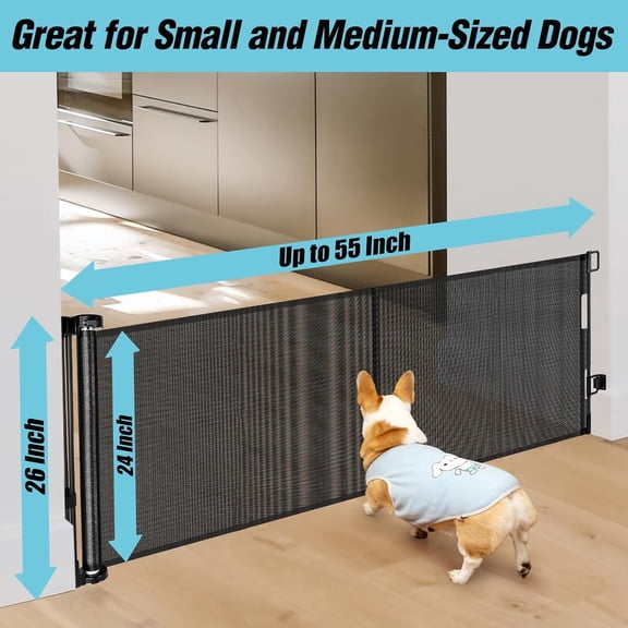 24 Inches Tall Retractable Gate for Doorways, Short Dog Gate Step Over, Extends to 55 Wide, Reinforced Mesh Pet Gate for Kids or Puppies (Black)