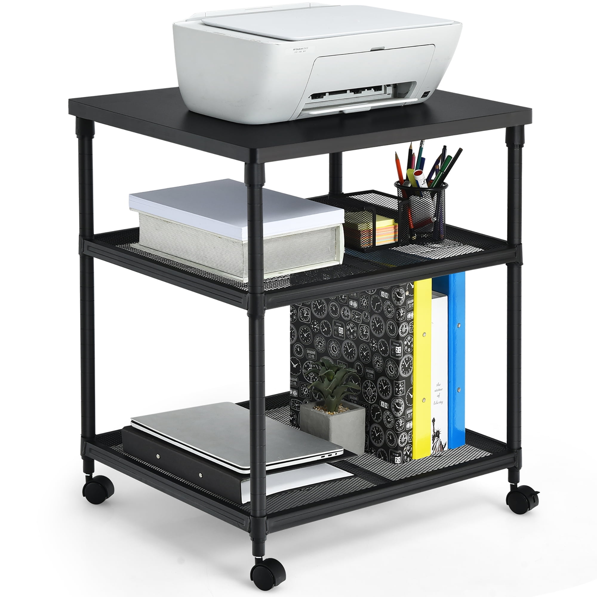Black Mobile Printer Stand with Storage Drawer and Adjustable Shelf 3 Tier Printer Table Cart on Wheels for Home Office Multifunctional Desk Organizer for Fax Machine Scanner File Folder 