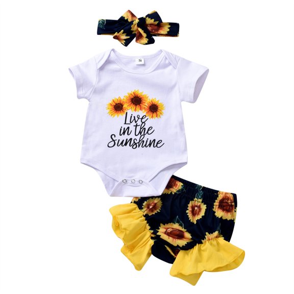 Toddler Kids Baby Girl Outfit 2pcs Sunflower Print Short Sleeve T-Shirts Ruffle Shorts Sets Girls Cute Summer Suit