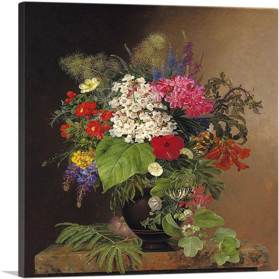 ARTCANVAS Convulvulus Lupins Speedwell And Fuschia In a Vase 1833 Canvas Art Print by Johan Laurentz Jensen - Size: 12" x 12" (0.75" Deep)