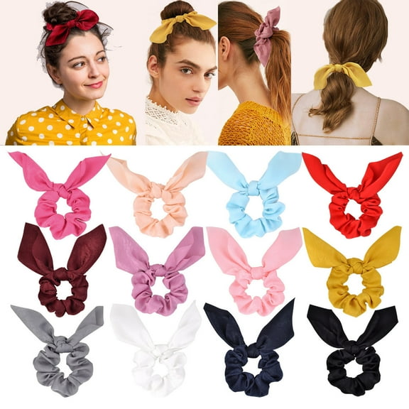 12 Pack Hair Elastic Scrunchies Chiffon Hair Scrunchies Hair Bow Chiffon Ponytail Holder Bobbles Soft Elegant Bow Scrunchies for Women Hair Ties, 12 Colors Scrunchies with Ribbon