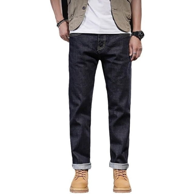Jeans en Denim à Oreilles Rouges pour Hommes Jeans Rétro Couleur Originale Coupe Slim Jambe Droite Pantalons Quatre Saisons pour Hommes