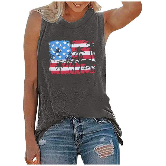 Tops sin mangas del día de la independencia de las mujeres Tops de chaleco sin mangas con estampado de cuello redondo Pompotops lopia988545