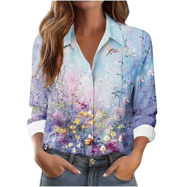 Camisa Impresa de Manga Larga Casual de las Mujeres con Cuello en V, Blusa con Botones para Uso Diario Y Estilo Callejero