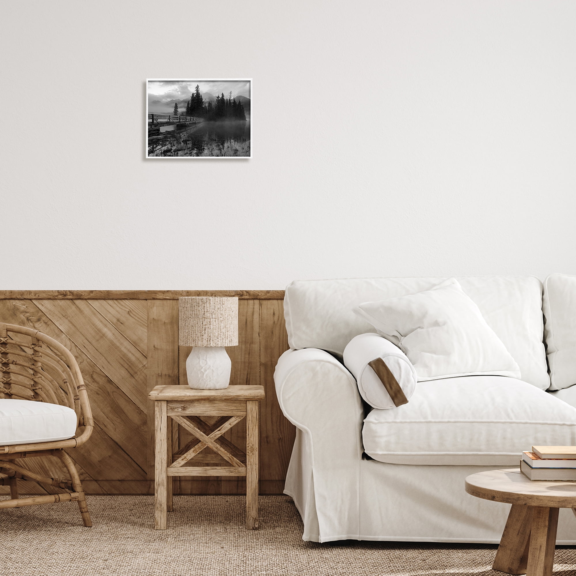 Stupell Industries Black & White Cloudy Scenery Lake Bridge Foggy Mountains Framed Wall Art, 14 x 11, Design by Daniel Sproul