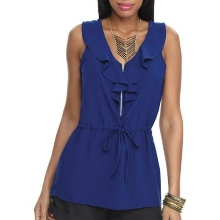 Miss Tina Women's Sleeveless Zip-Front Ruffle Top
