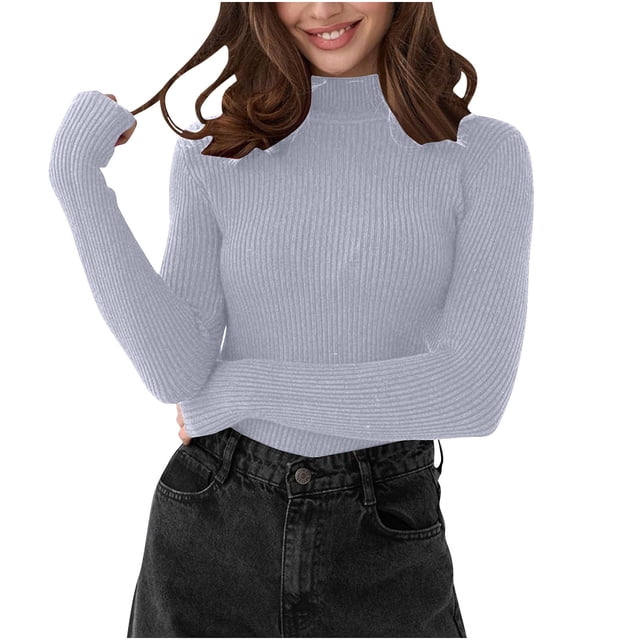 Long Sleeve Mock Neck Sweaters Women Basic Layers Slim-Fit Knit Sweater Classic Plain Pullover Fall Tops Gray, Free Size