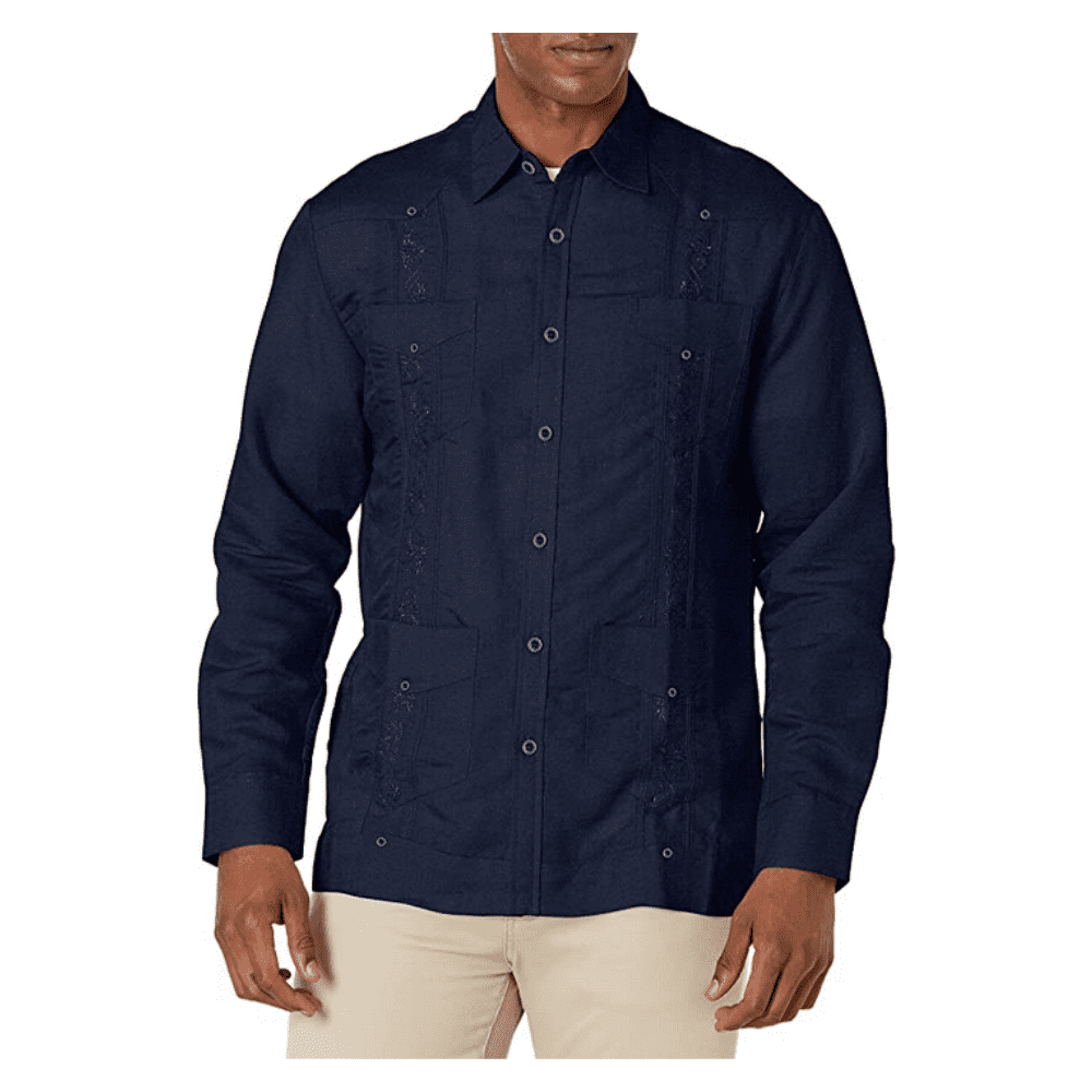 Cubavera Men's Long Sleeve Embroidered Guayabera Shirt,Dress Blues,S