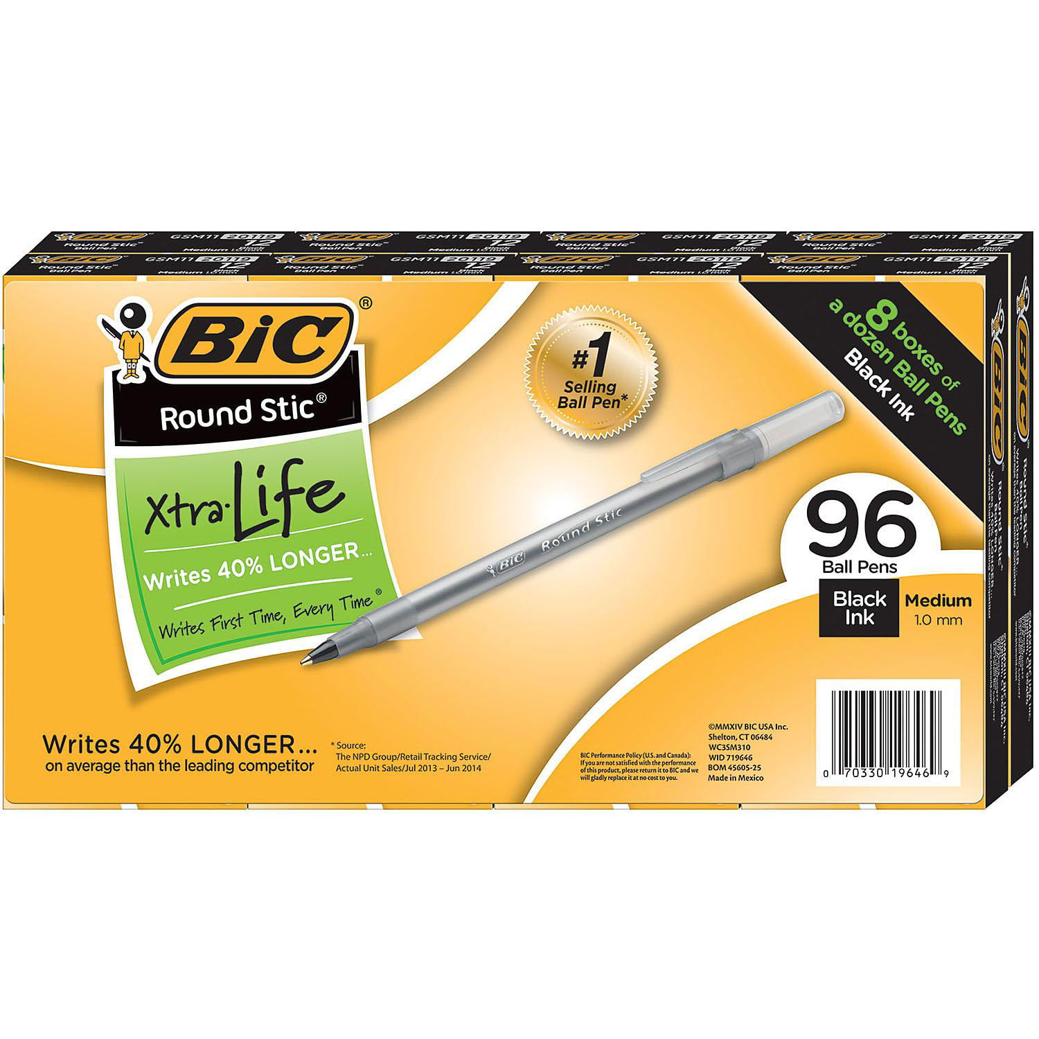 BiC Round Stic Xtra Life Medium-Point Ball Pens Black 12 24 36 96 or 144 Count