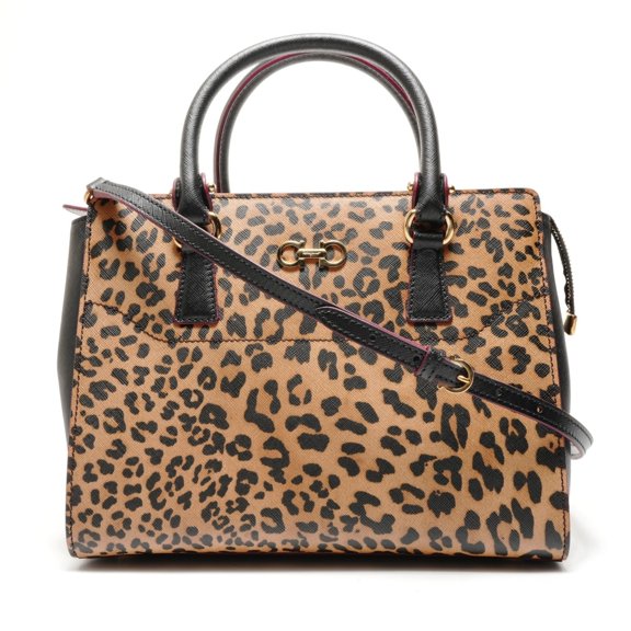 Pre-Owned Salvatore Ferragamo Gancini Leopard Print Two-Way Handbag, Brown, WS26342