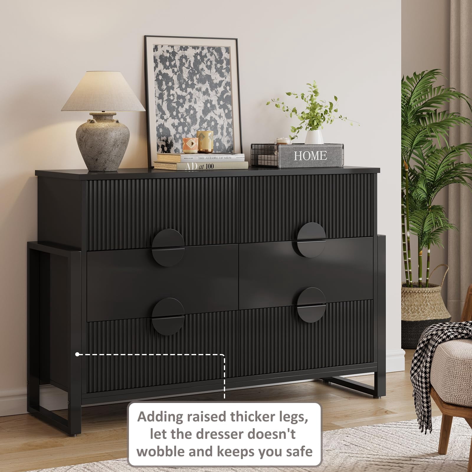 Black 6 Drawer Dresser for Bedroom, Modern Wide Chest Of Drawers Wood Storage Cabinet for Living Room