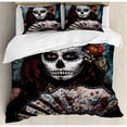 thumbnail image 3 of Day Of The Dead Twin Size Duvet Cover Set, Make up Artist Girl with Dead Skull Scary Mask Roses Artwork Print, Decorative 2 Piece Bedding Set with 1 Pillow Sham, Cadet Blue Maroon, by Ambesonne, 3 of 3