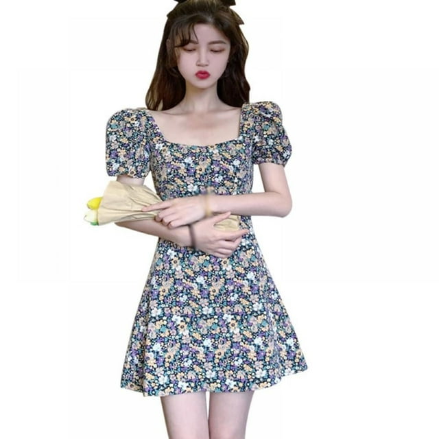 Robe Coréenne Col Carré Floral Manches Bubble Robes Taille Minceur Taille Haute a-Line Vestidos