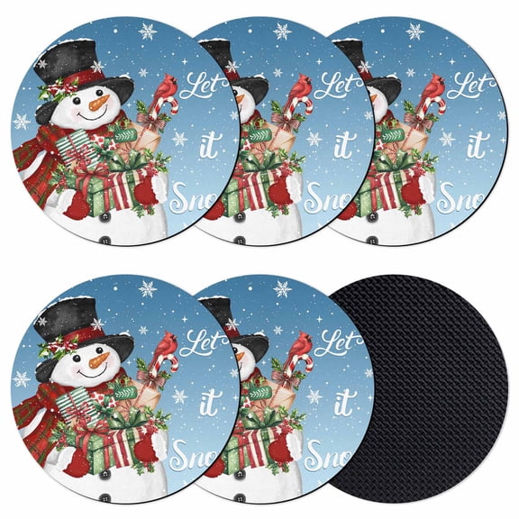 Blue Christmas Snowman Coasters Set of 6, Absorbent Coasters for Drinks, Xmas Botanical Birds Snowflake Coaster for Desk Coffee Table Protection, Home Decor House Warming Gifts 4"