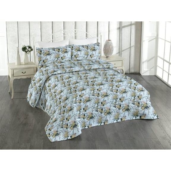 Ambesonne Floral Quilted Bedspread Set 3 Pcs, Blossoming Roses Romantic, King, Pale Azure Blue Evergreen