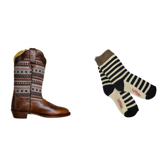 TuffRider Ladies String Square Toe Western Boot- Brown- 8 With Free Assorted Striped Socks