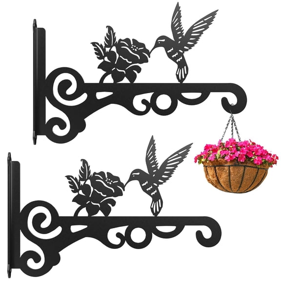 Metal Hanging Plant Bracket 10 Inch with Bird Pattern, 2 Pack Wall Mount Plant Hooks for Indoor Outdoor Use, Hanging Plants Bird Feeder Wind Chime Lantern, Black
