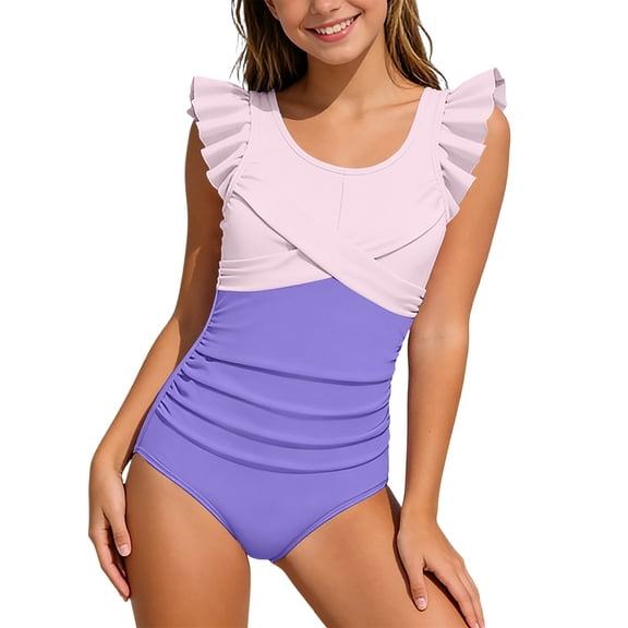 Vrotazzy Stylish Girls Swimsuit With Ruffled Skirt And Unique Back Design Bathing Suit for Juniors,Sizes 9-10 Years