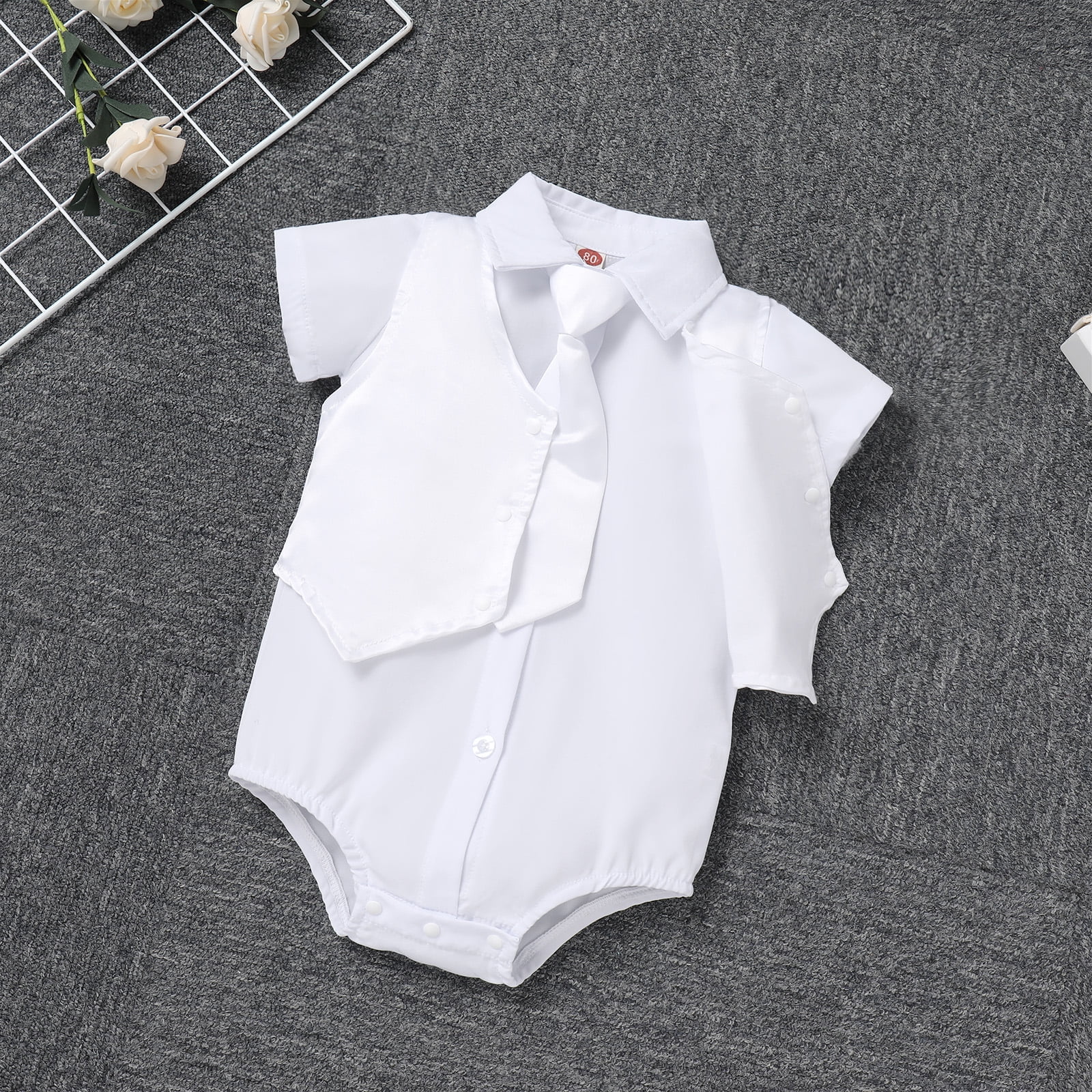 Baby Boys Baptism Christening Outfits Gentleman Formal Suit Bowtie Romper Vest Shorts Pants White Wedding Tuxedo Party Outfits First Birthday Cake Smash Clothes 4PCS Set (White Necktie, 6-12 Months)