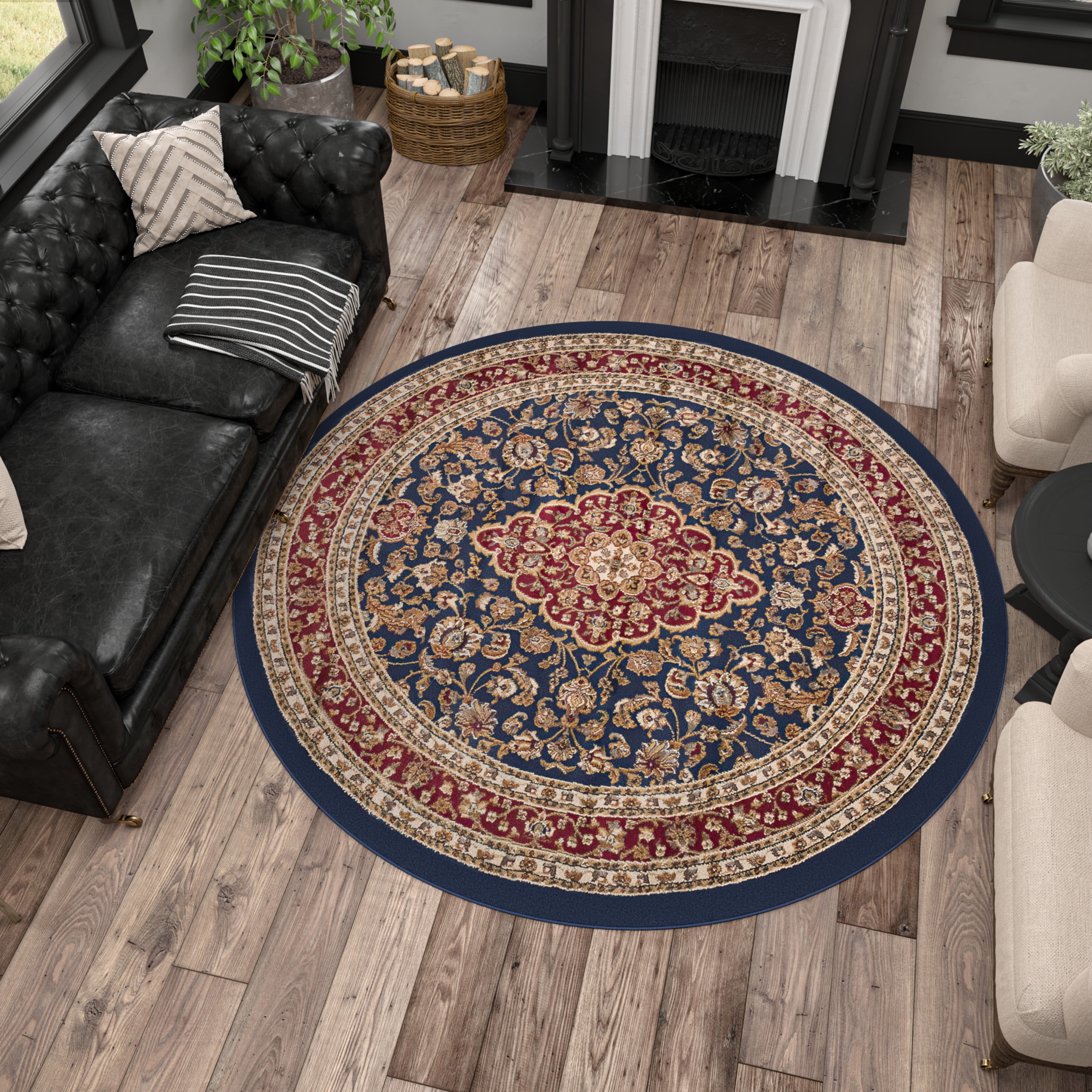 Sensation Transitional 5' Round Navy and Beige Polypropylene Indoor Area Rug