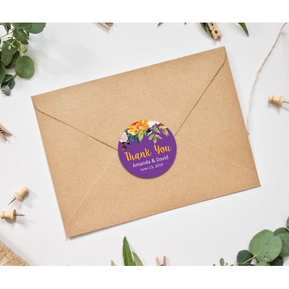 Darling Souvenir Round 45 Pieces Rose Floral Thank You Stickers Personalized Bride Groom Names And Date Envelope Seals-Violet