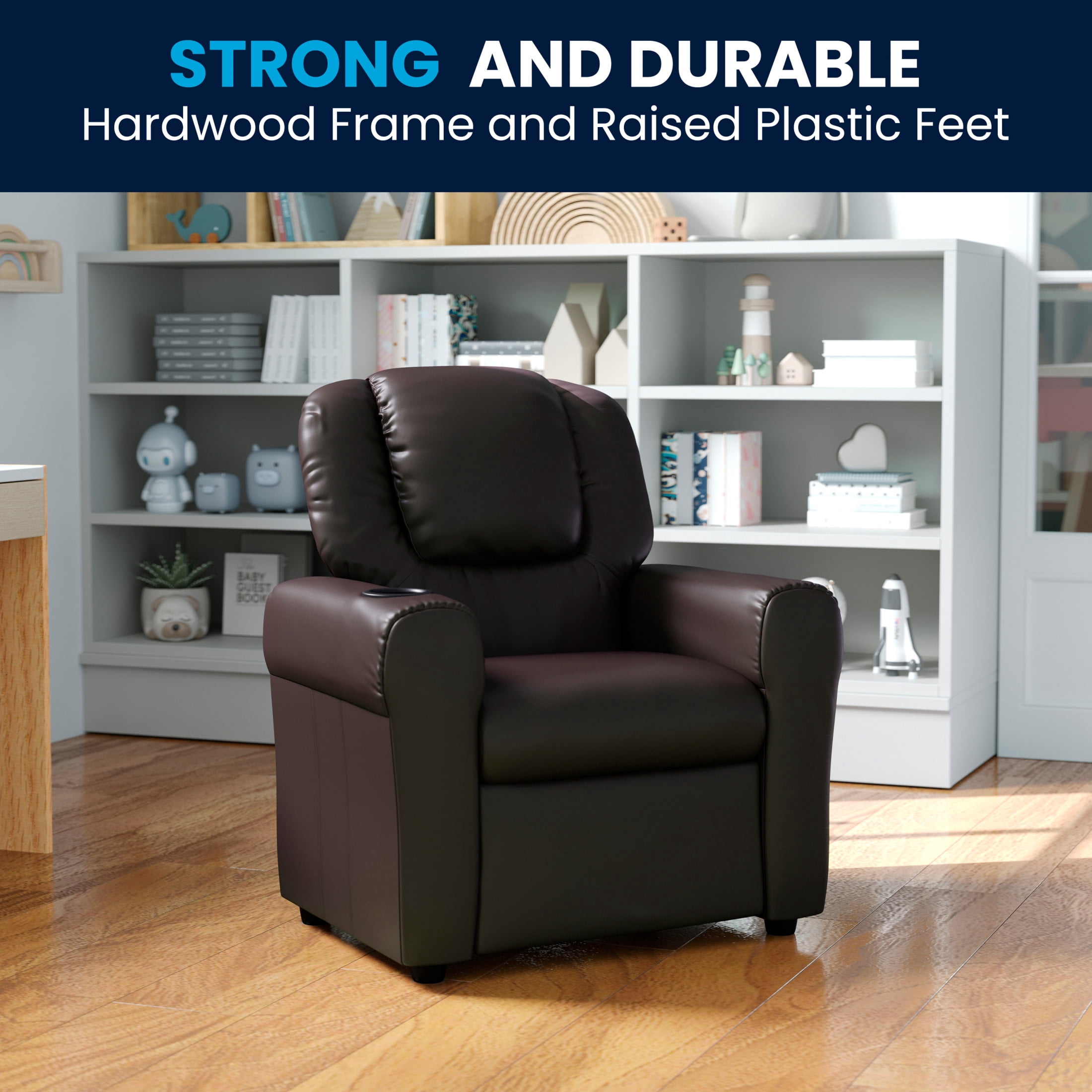 Flash Furniture Vinyl LeatherSoft Kids Recliner with Cup Holder, Headrest, and Footrest, Brown