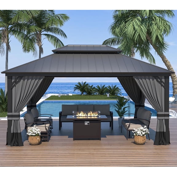 Kullavik 12'x16' Hardtop Gazebo, Outdoor Double Roof Canopy with Netting and Curtains, Galvanized Metal Frame, Sunshade for Patio, Backyard, Deck and Lawns-Gray