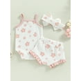 thumbnail image 5 of Elippeo Newborn Infant Baby Girl Summer Rompers Set 3M 6M 12M 18M Floral Spaghetti Straps Sleeveless Jumpsuit and Casual Ruffle Shorts Headband, 5 of 10