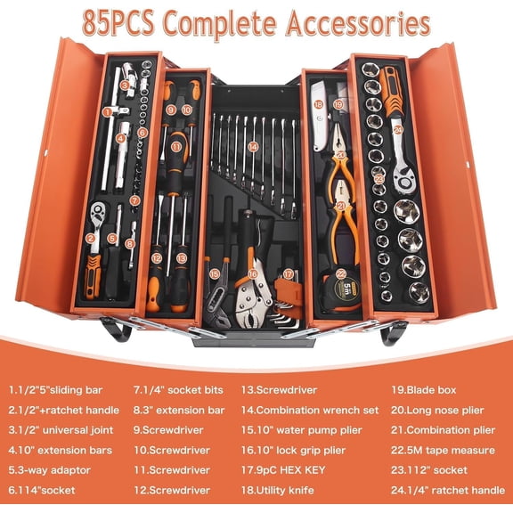 Tool Kit, 85 Piece Hand Tool Socket Wrench Set with Metal Tool Box Multi-Purpose Household Men's Tool Kit, Ideal for Homeowners and Diyers