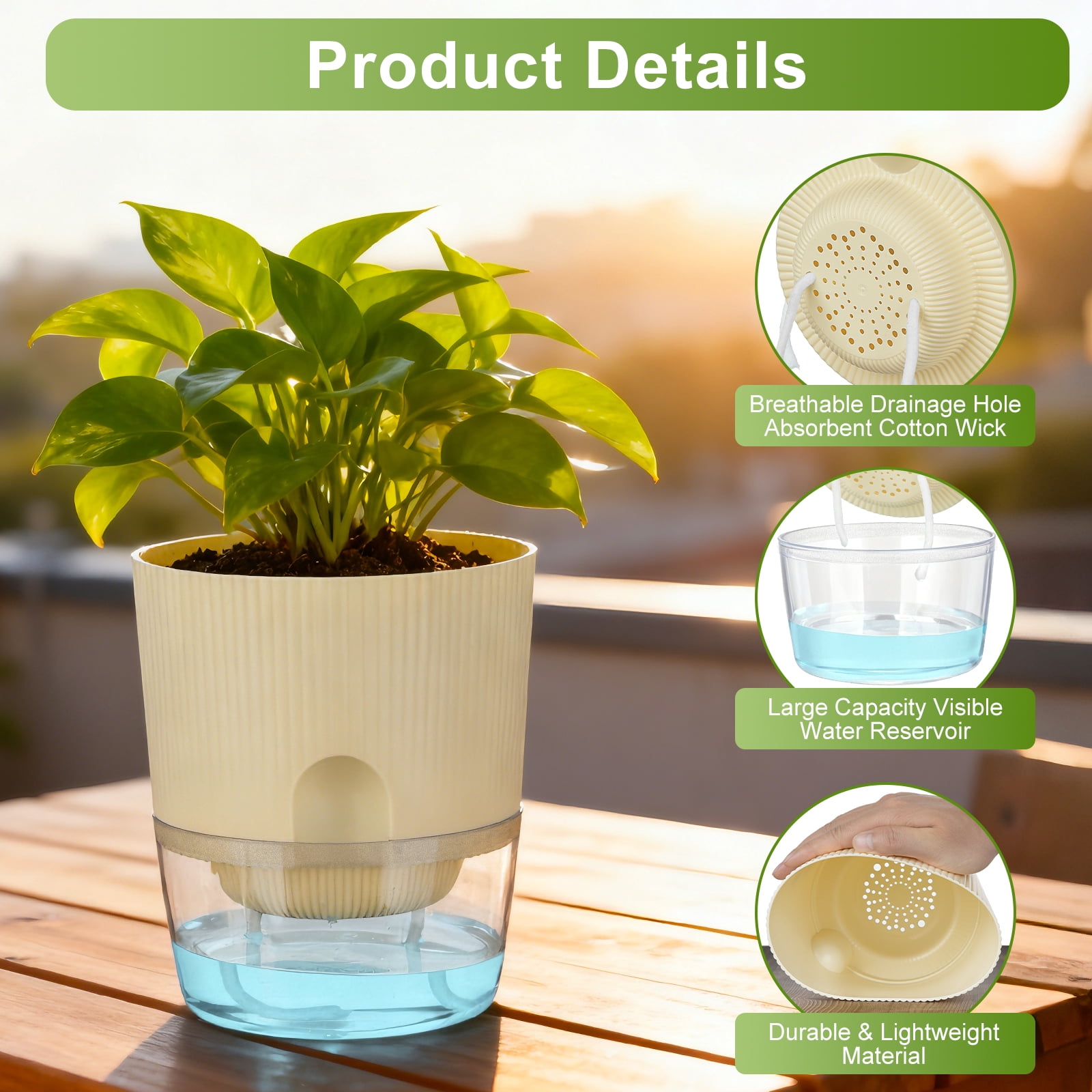 IWNTWY 5.7 inch Self Watering Planters Set of 4, Plastic Indoor Outdoor Flower Pot Plant Pots with Drainage Holes and Saucers
