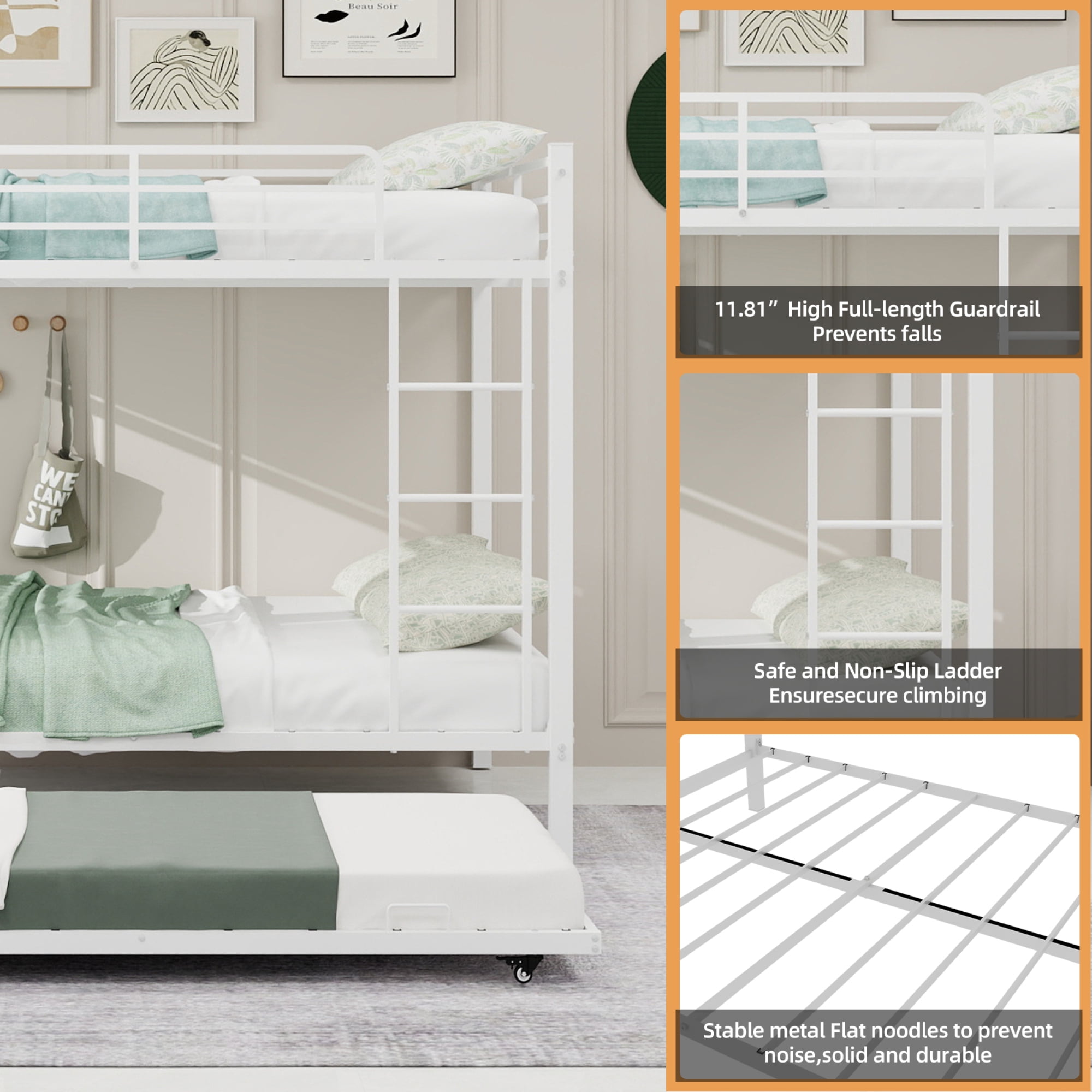 Leumius Triple Bunk Bed Full over Full with Trundle, Convertible Metal Bunk Bed Frame with Ladder & Safety Guardrail, Space-Saving for Teens and Adults,White