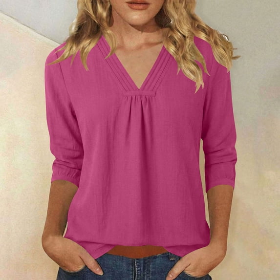 Atogsazn Womens Linen 3/4 Sleeve Shirt Summer Pleated Dressy Casual Blouse V Neck Tops Tunic Outfit Hot Pink M Fashion
