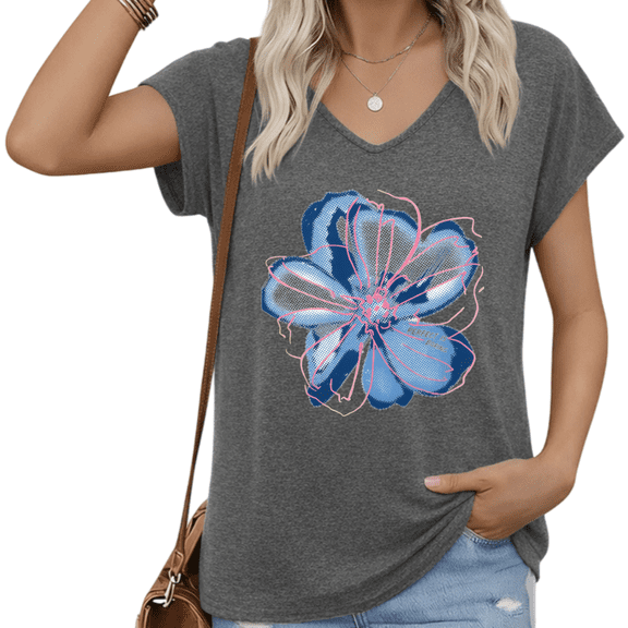 UNISHE Women's Dark Grey Halftone Floral V-Neck T-Shirt "Perfect Is Boring" Inspirational Short Sleeve S-5XL