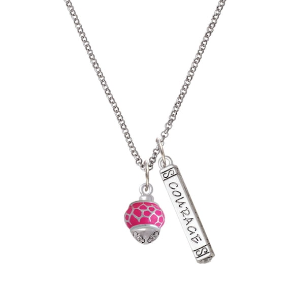 Delight Jewelry Silvertone Hot Pink Giraffe Print Spinner Silvertone Courage Strength Wisdom Honesty Bar Charm Necklace, 23"