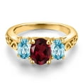 thumbnail image 3 of Gem Stone King 18K Yellow Gold Plated Silver Red Rhodolite Garnet and Blue Zircon Filigree Style 3 Stone Ring for Women (2.65 Cttw, Oval 8X6MM and 6X4MM) (Size 7), 3 of 6