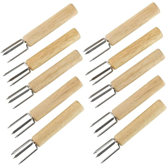 Corn Holders Set of 10 Stainless Steel Corn on The Cob Holders Fruit Forks with Wood Handle for Home Cooking and BBQ Twin Prong Sweetcorn Holders
