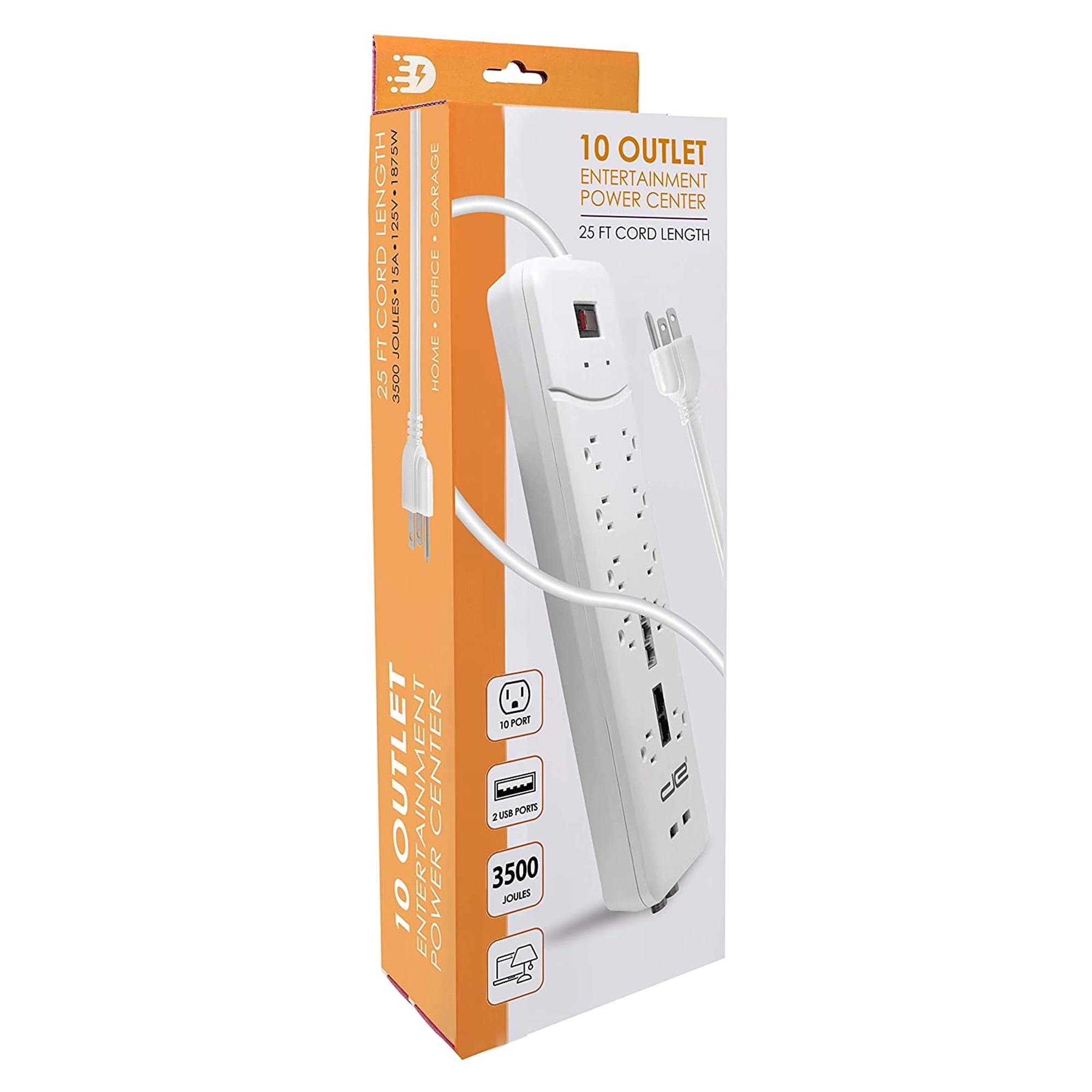 Digital Energy 10-Outlet Surge Protector Power Strip, 25-ft Heavy-Duty Extension Cord, 3500 Joules, USB Charging Ports